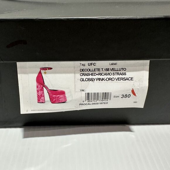 Versace Aevitas 38/ 8 Platform Pink Velvet Shoe Pump Crystal Medusa NWB $1,575 - Picture 15 of 16